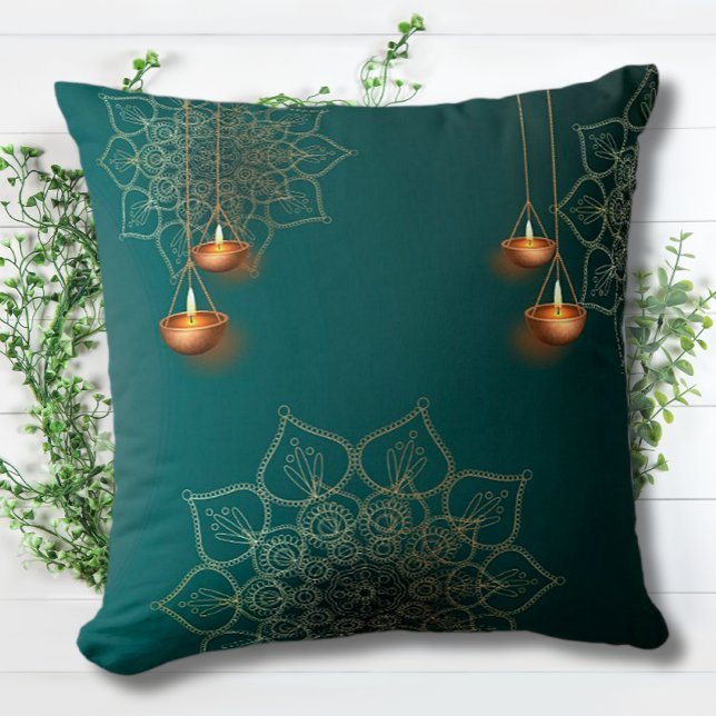 Groen Gouden Lampen Mandala Patroon Elegant Bohemi Kussen (Creator heeft geüpload)