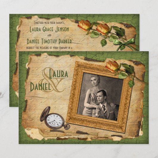  Groen, gouden Lijst Foto Weddenschap Invite II Kaart (Voorkant / Achterkant)