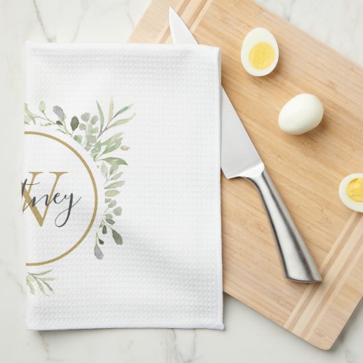 Groen Gouden Monogram Chic Script Theedoek (Quarter Fold)