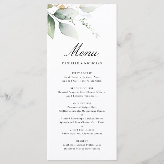 groen gouden tuin bladeren botanische bruiloft menu (Voorkant)