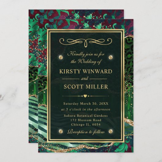 Groen goudglitter Oerwoud Agate Wedding Kaart (Voorkant / Achterkant)