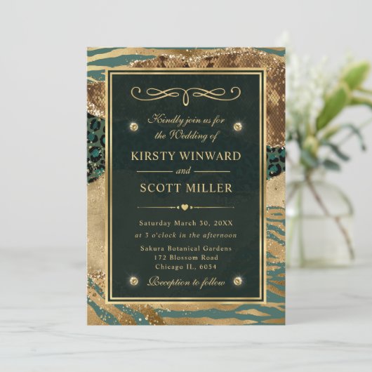 Groen goudglitter Oerwoud Agate Wedding Kaart (Staand voorkant)
