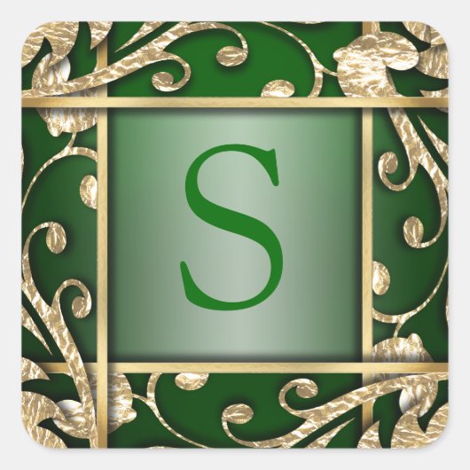 Groen goudrooster monogram envelop vierkante sticker (Voorkant)