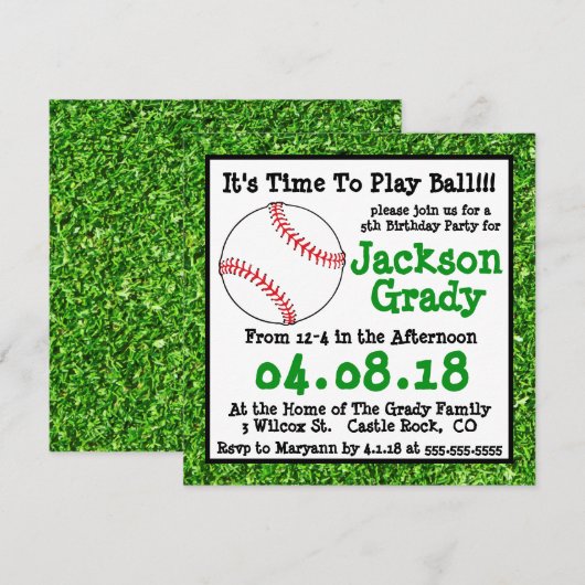 Groen gras Baseball Birthday Uitnodiging (Voorkant / Achterkant)