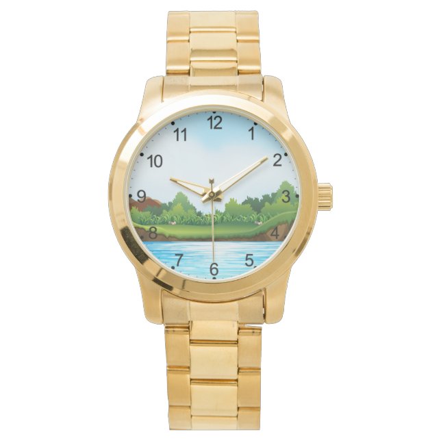 Groen gras Blauwe lucht Landschap-10826 Horloge (Voorkant)