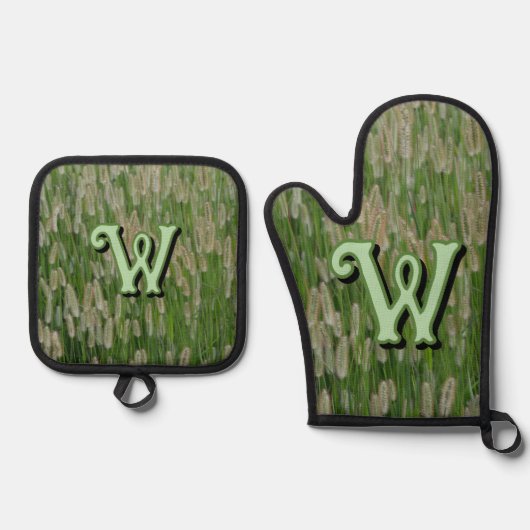 Groen gras zaden ovenwant & pannenlap set (Voorkant)