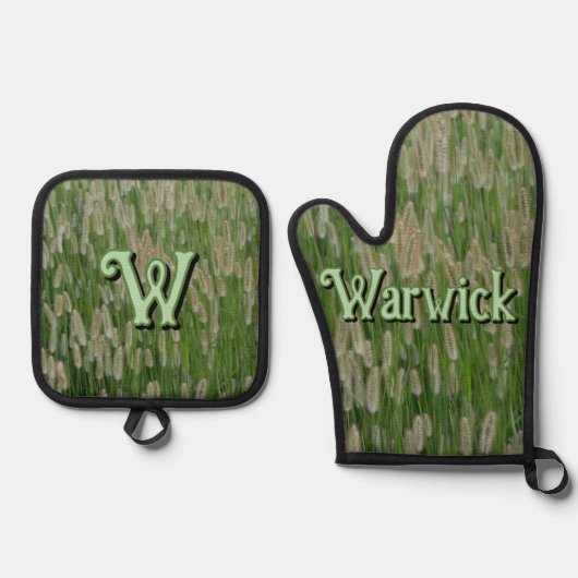 Groen gras zaden ovenwant & pannenlap set (Voorkant)