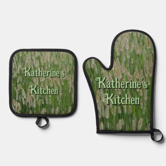Groen gras zaden ovenwant & pannenlap set (Voorkant)