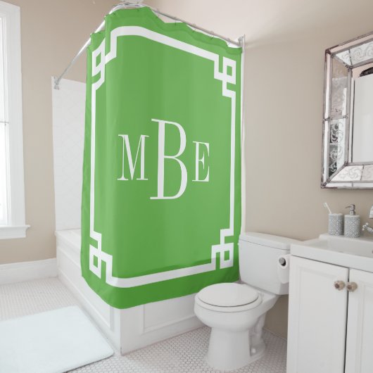Groen Grieks Key Border Monogram Douchegordijn (In situ)