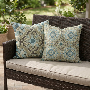 Groen Grijs Blauw Teal Oker Taupe Bruin Tribale Ku Buitenkussen