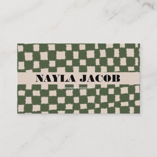 Groen Grijs Checkerboard Patroon QR Code Handgemaa Visitekaartje (Voorkant)