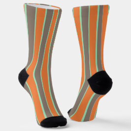 Groen, grijs en oranje strepenpatroon sokken