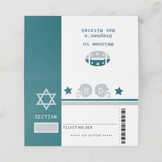 Groen Grijs Football Ticket Bat Mitzvah Zitplaatse Plaatskaartje (Buitenkant ongevouwen)