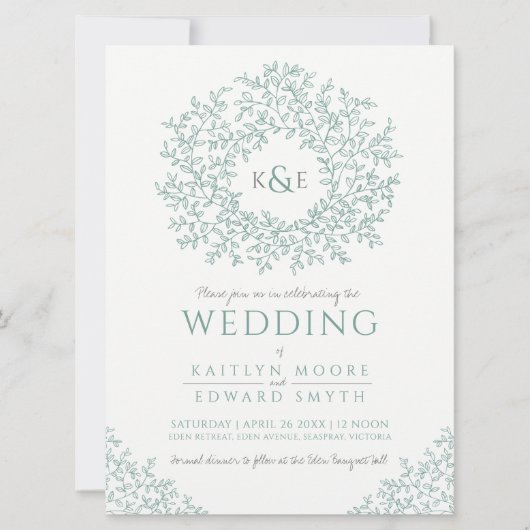 Groen grijs hand getrokken blad monogram kunst bru kaart (Voorkant)