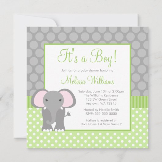 Groen grijs olifant Polka Dot Boy Baby shower Kaart (Voorkant)