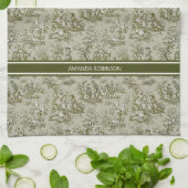  groen grijs toile de jouy bedrukt theedoek (Gevouwen)