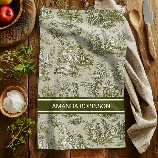  groen grijs toile de jouy bedrukt theedoek