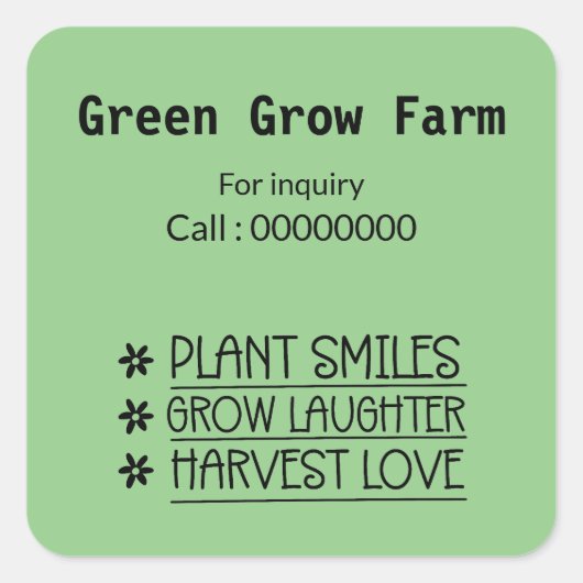 Groen groeien boerderij Contact nr. vierkant onder Vierkante Sticker (Voorkant)