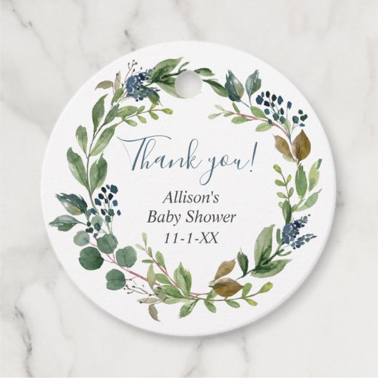 Groen groen blad stoffig blauw bloemig botanisch bedankjes labels (Voorkant)