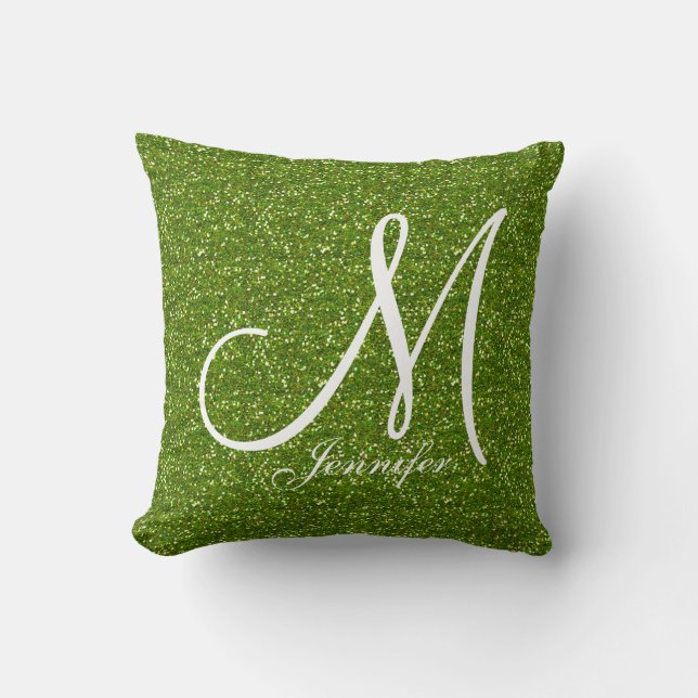 GROEN GROEN Glitter wit Monogram JOUW NAAM Kussen (Voorkant)