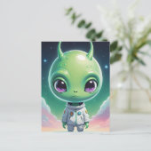 Groen groot hoofd alien met horens briefkaart (Staand voorkant)