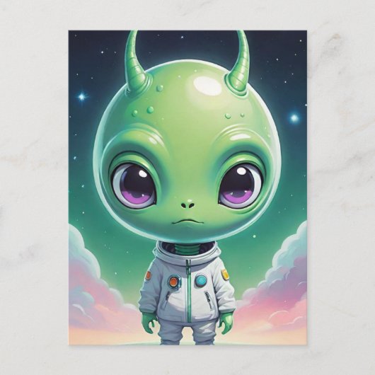 Groen groot hoofd alien met horens briefkaart (Voorkant)
