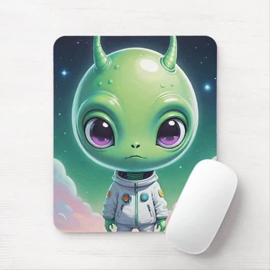 Groen groot hoofd alien met horens muismat (Met muis)