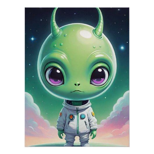 Groen groot hoofd alien met horens perfect poster (Voorkant)