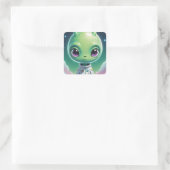 Groen groot hoofd alien met horens vierkante sticker (Tas)