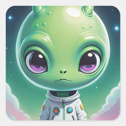Groen groot hoofd alien met horens vierkante sticker (Voorkant)