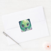 Groen groot hoofd alien met horens vierkante sticker (Envelop)