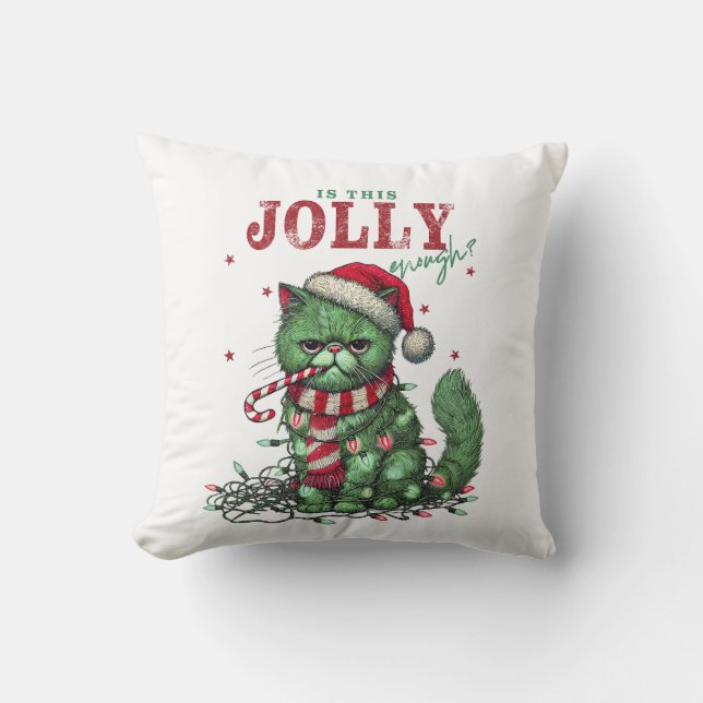 (Groen) Grumpy Holiday Cat Kussen (Voorkant)