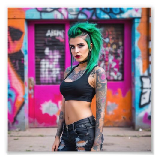 Groen Haar Tattoo Punk Babe in Graffiti Street Foto Afdruk (Voorkant)