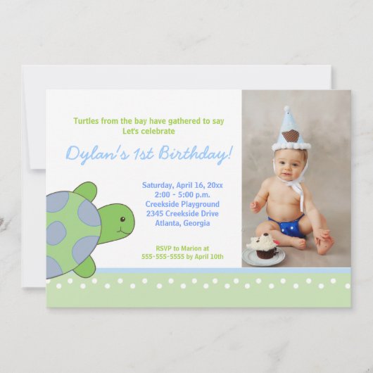 Groen Happy Zee Turtle Birthday Invitation 5x7 Kaart (Voorkant)