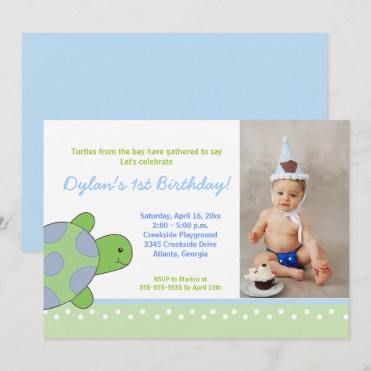 Groen Happy Zee Turtle Birthday Invitation 5x7 Kaart (Voorkant / Achterkant)