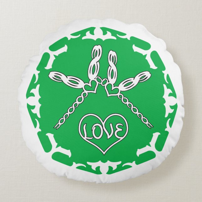 Groen Hart Chakra "Liefde" Libellen Witte Achtergr Rond Kussen (Voorkant)