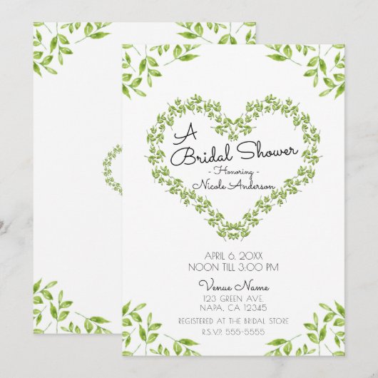 Groen Hart Laat Shabby Chic Bruidsdouche Kaart (Voorkant / Achterkant)