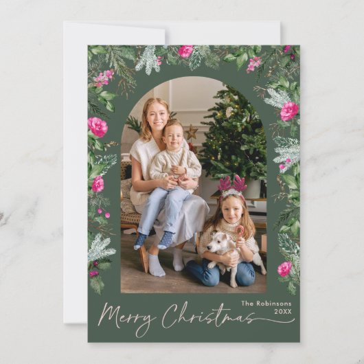 Groen & Helder Roze Botanische Boog Kerst Foto Feestdagenkaart (Voorkant)
