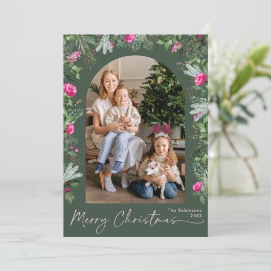 Groen & Helder Roze Botanische Boog Kerst Foto Feestdagenkaart (Staand voorkant)
