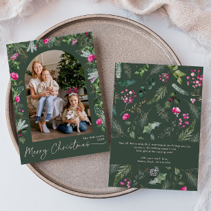 Groen & Helder Roze Botanische Boog Kerst Foto Feestdagenkaart