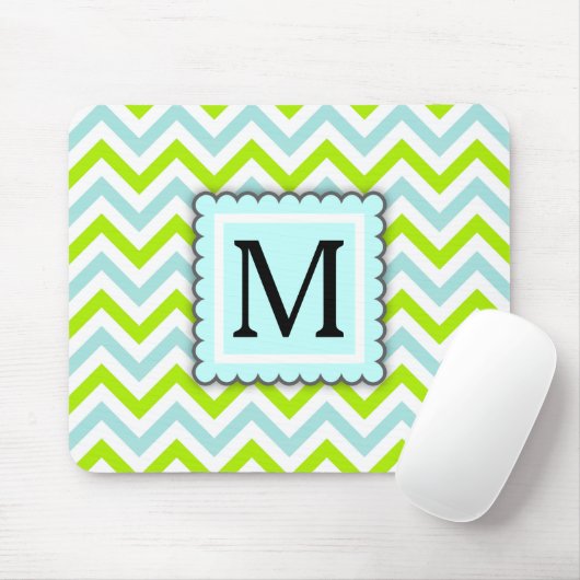 Groen & het Blauwe van de Chevron Aqua Monogram Muismat (Met muis)