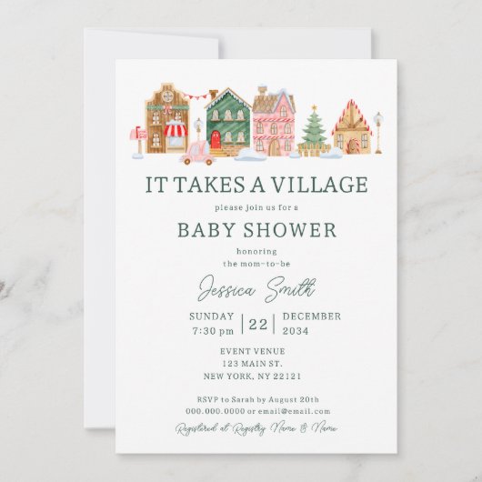 Groen Het duurt een dorp kerst Baby shower Kaart (Voorkant)