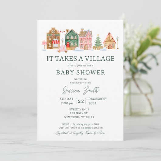 Groen Het duurt een dorp kerst Baby shower Kaart (Staand voorkant)