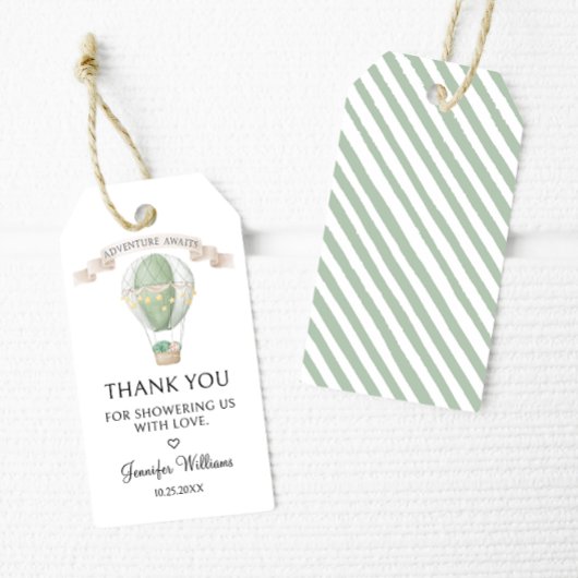 Groen Hete luchtballon Avontuur wacht op baby show Cadeaulabel