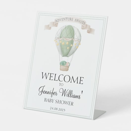 Groen heteluchtballon baby shower-welkomstbord reclamebord met voetstuk (Voorkant)