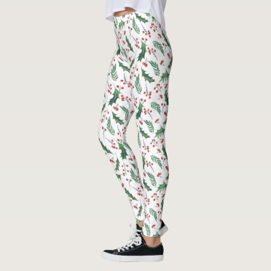 Groen Holly Red Berries Holiday Patroon Leggings (Links)