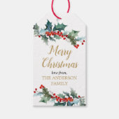 Groen holly rood goud waterverf kerst cadeaulabel (Voorkant)