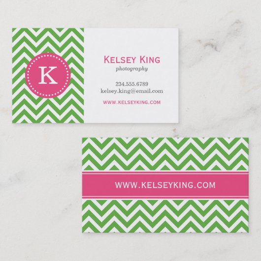 Groen & Hot Roze Chevron Custom Monogram Visitekaartje (Voorkant / Achterkant)