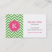 Groen & Hot Roze Chevron Custom Monogram Visitekaartje (Voorkant)