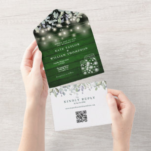 Groen Hout Bloemen String Lights QR Code Bruiloft All In One Uitnodiging